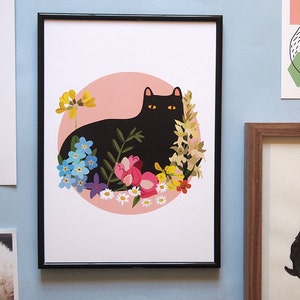 花と黒猫のA4アートプリント