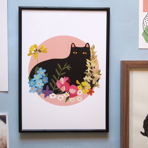 Black cat with flowers A4 art print