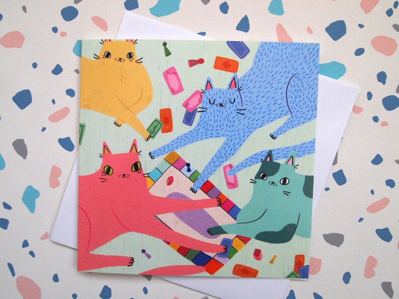 Cats playing board games greetings card image 4