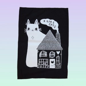Cat with house cotton tea towel, cotton dish towel, screen printed tea towel, housewarming gift