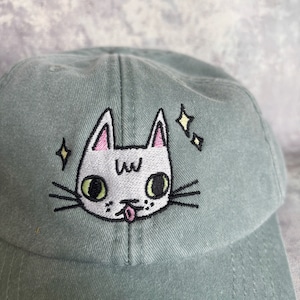 Cat face embroidered washed sage green vintage style baseball cap