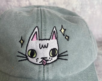 Cat face embroidered washed sage green vintage style baseball cap