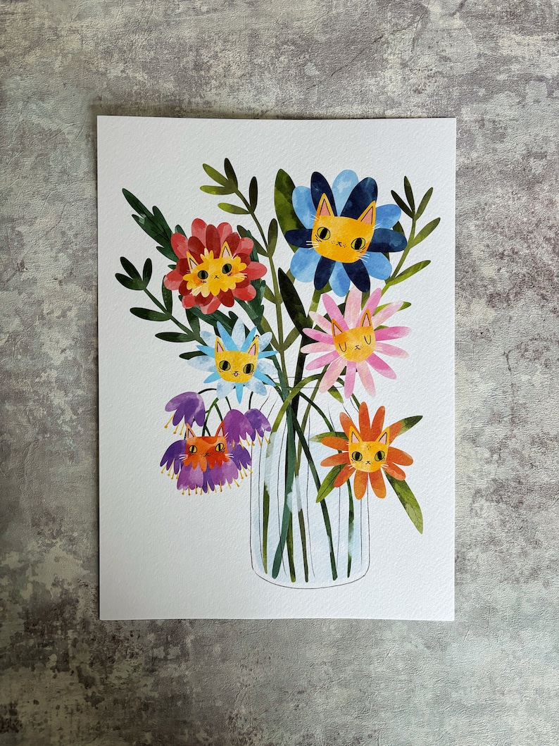 Flower cats art print, A4 print, cats and flowers image 6