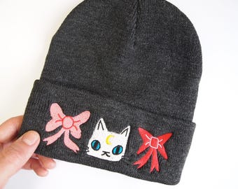 Cat and bows embroidered charcoal knitted beanie hat, beanie hat, knitted hat, cat hat