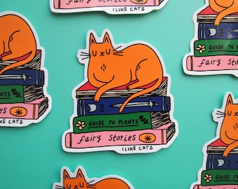 Cat with books vinyl sticker, Book lover sticker, Cat lover sticker, gift for reader