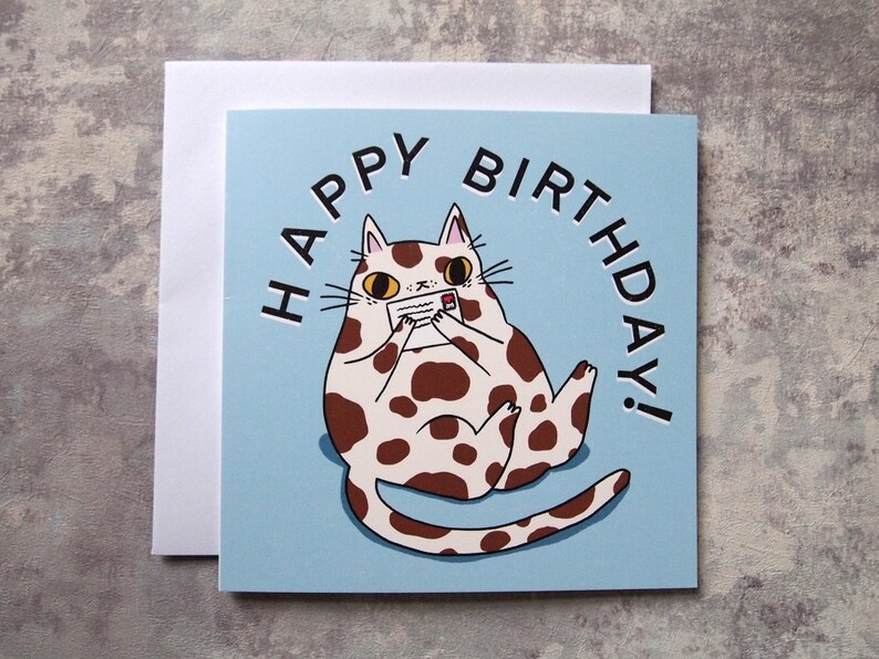 Splodge cat Happy Birthday greetings card, blank inside birthday card image 2