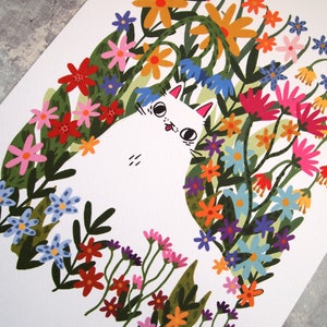 White cat in flowers art print image 3