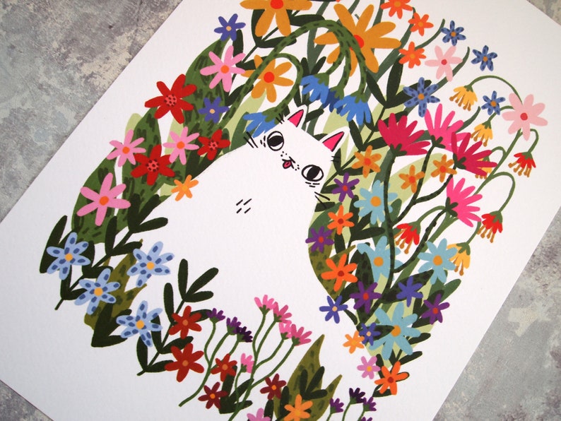 White cat in flowers art print image 3