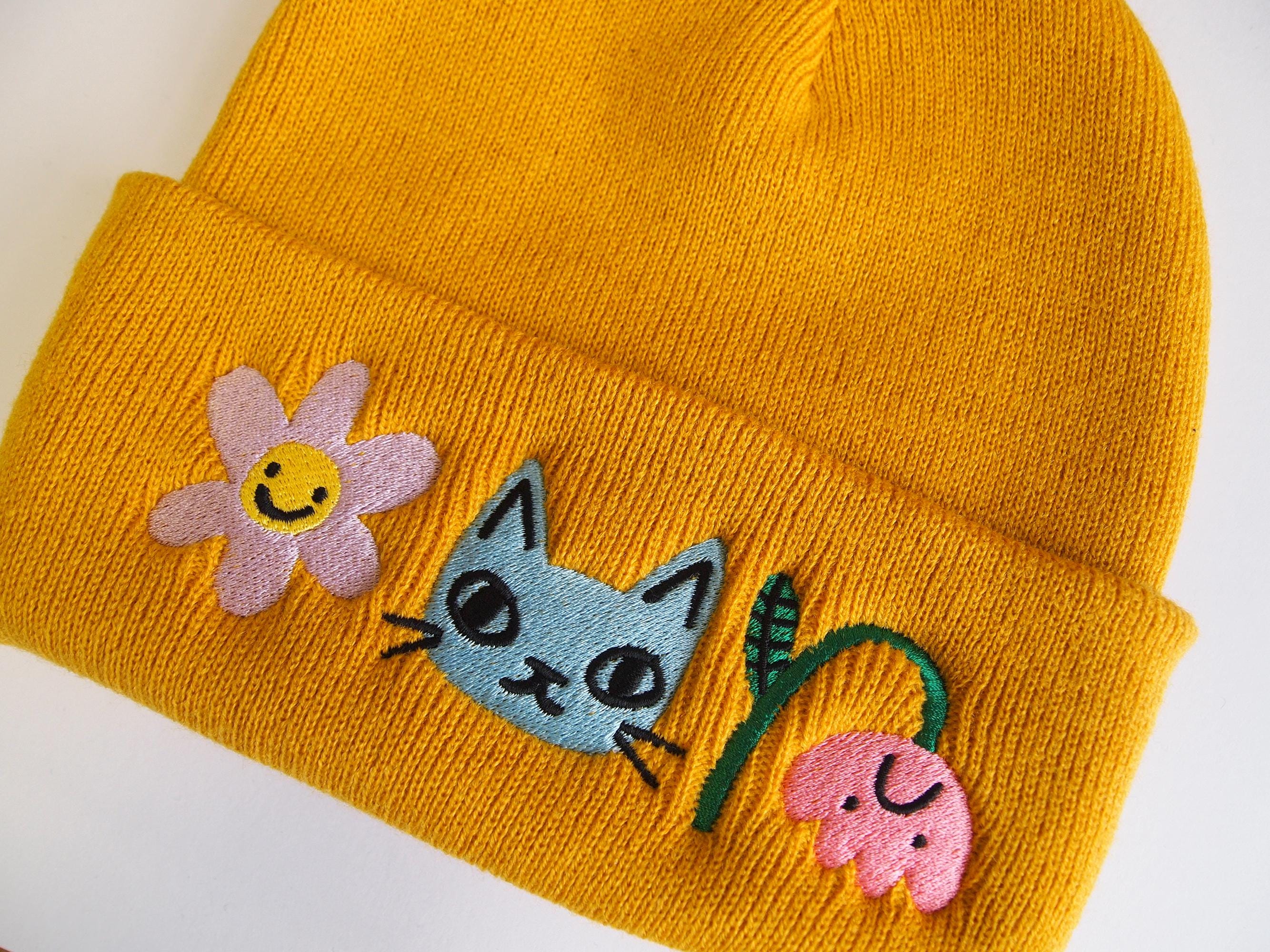 Embroidered Beanie Hat With a Cat and Flowers, Knitted Cat  display picture 1