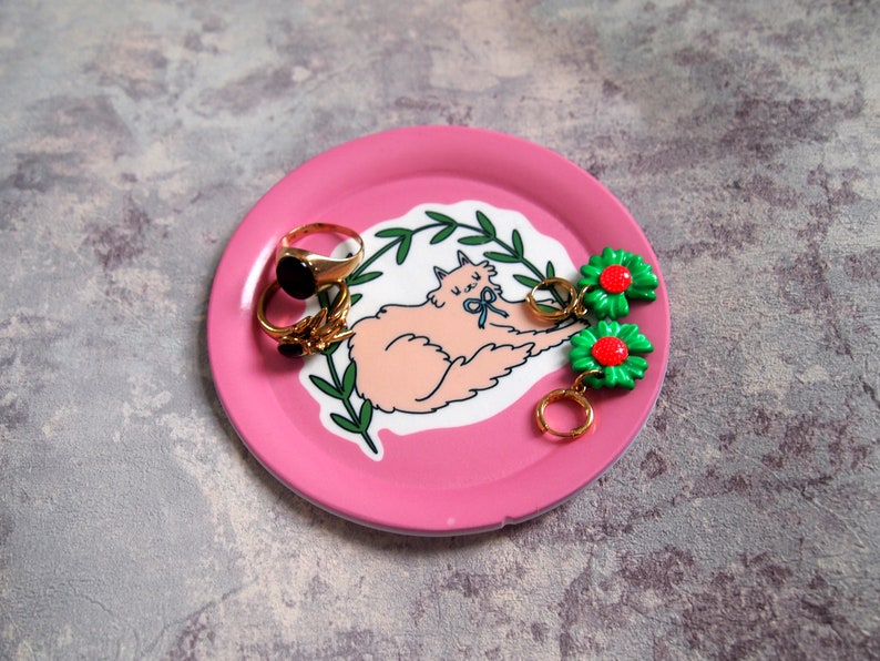 Pink illustrated cat jewellery trinket dish image 5