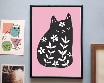 Black floral cat A4 art print