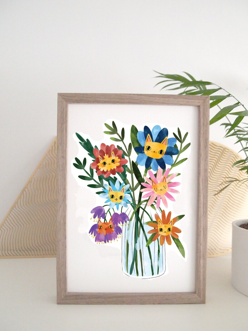 Flower cats art print, A4 print, cats and flowers image 3