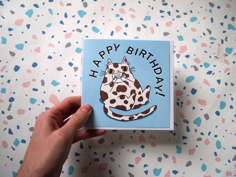 Splodge cat Happy Birthday greetings card, blank inside birthday card image 8