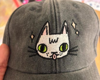 SECONDS SALE Cat face embroidered washed black vintage style baseball cap