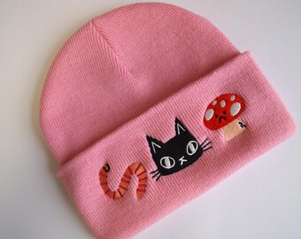 Embroidered beanie hat with a cat, worm and mushroom, pink knitted hat, embroidered beanie, cat beanie