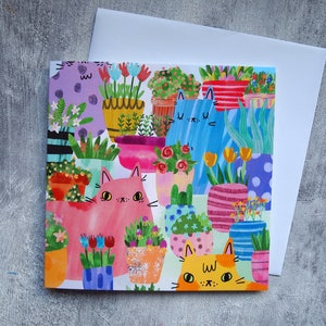 Cats and flowers square greetings card 画像 1
