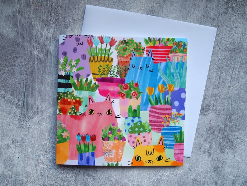 Cats and flowers square greetings card 画像 1