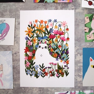 White cat in flowers art print image 4