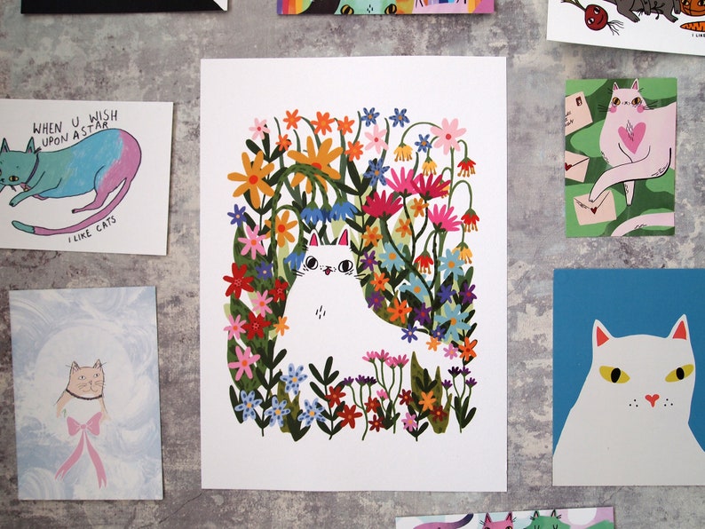 White cat in flowers art print image 4