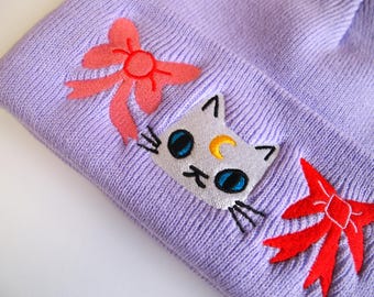 Cat and bows embroidered lavender knitted beanie hat, beanie hat, knitted hat, cat hat