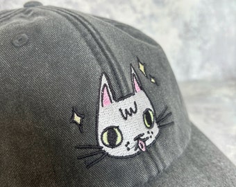 Cat face embroidered washed black vintage style baseball cap