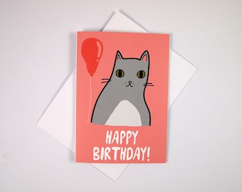 Grey cat birthday card, happy birthday card, cat birthday card, cat greetings card