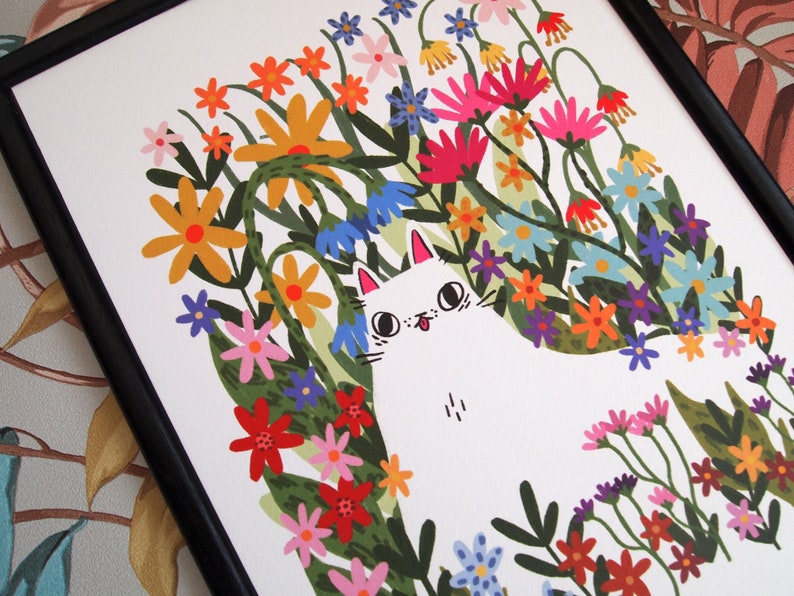 White cat in flowers art print image 1