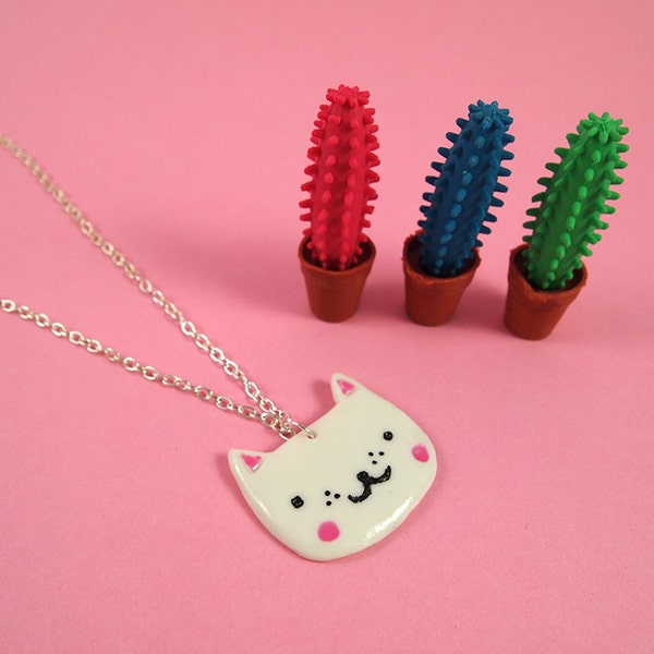 Porcelain cat pendant - Cat necklace - I like cats - Cat face necklace - Cat jewellery - Cat pendant - Porcelain necklace - porcelain cat