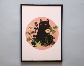 A4 Black Cat with Foliage Print - Black Cat, cat lover gift, art print, poster, botanical print, wall decor, illustration print