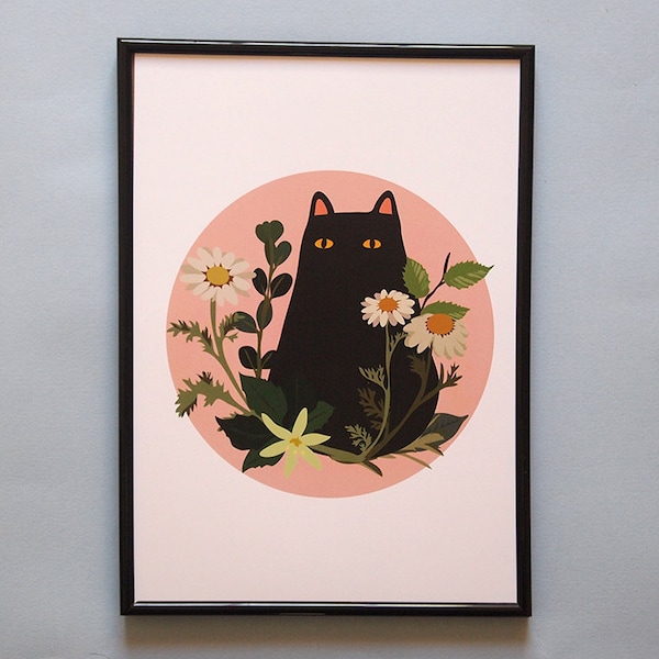 Black cat with foliage A4 art print