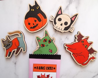 Halloween Blind Bag Mystery Wooden Fridge Magnet, Spooky cats blind bag, mystery bag, blind box, cats, Fridge magnet, Cat magnet