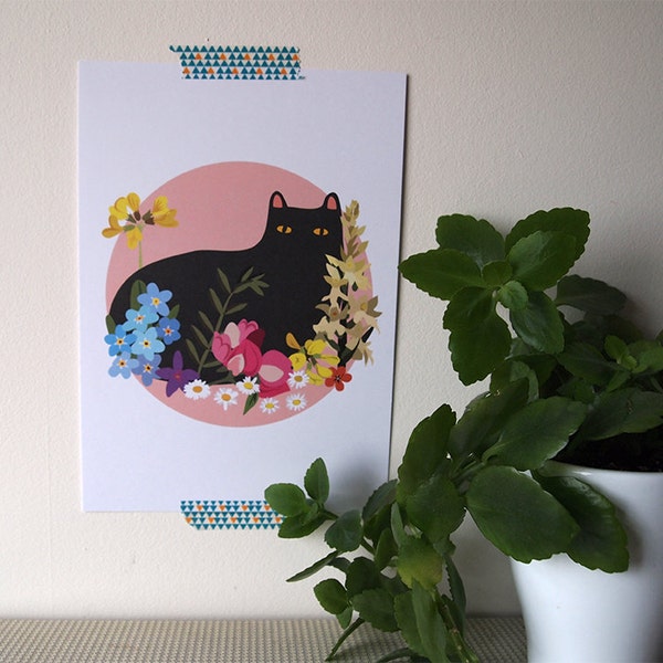 Black Cat with Flowers A5 Print - Black Cat illustration - Cat Print - I like Cats - Black cat - Home decor - Cat art - Wall art - art - Cat