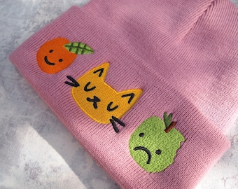 Dusky pink cat embroidered beanie hat, cat with fruits embroidered beanie, knitted beanie hat, pink