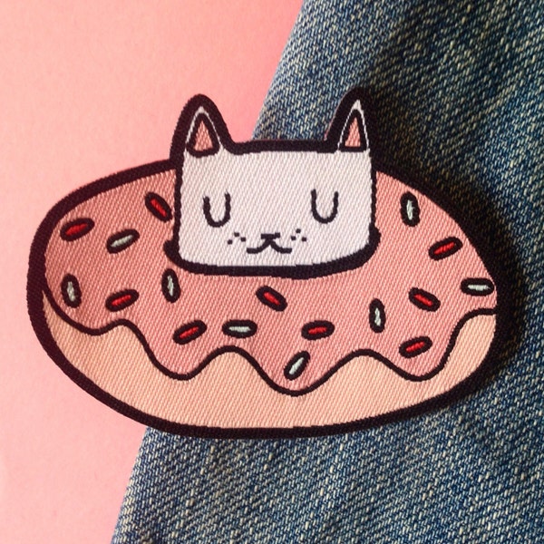 Donut cat woven iron-on patch