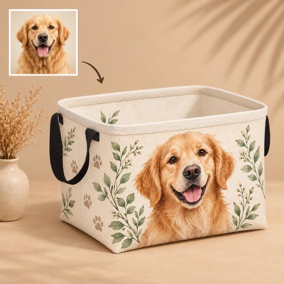 Personalized Pet Storage Basket with Photo | Custom Foldable Organizer for Pet Toys