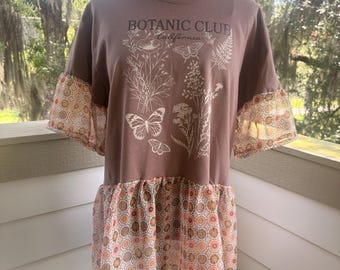 Upcycled Botanical Club Tshirt with Sheer Flowy Bottom, XLarge.