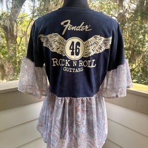 Upcycled Fender Tshirt with Sheer Flowy Bottom and Sleeves, Medium. bild 2