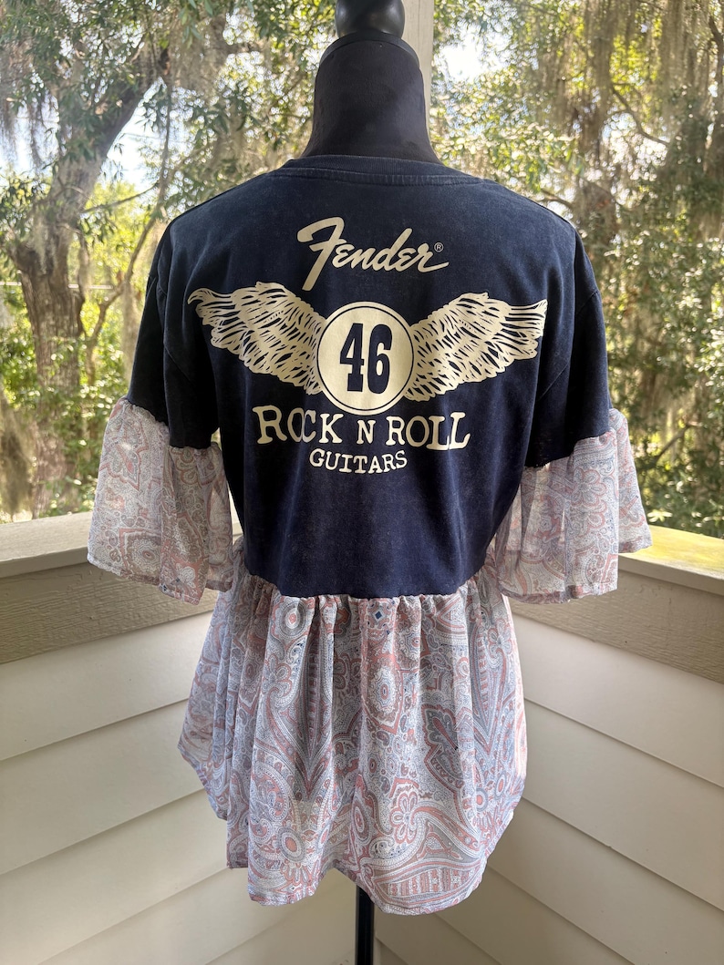 Upcycled Fender Tshirt with Sheer Flowy Bottom and Sleeves, Medium. bild 2