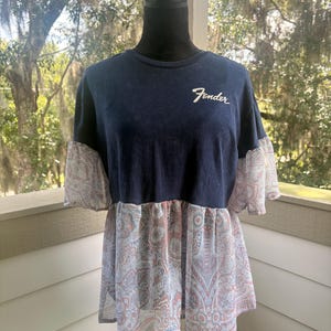 Upcycled Fender Tshirt with Sheer Flowy Bottom and Sleeves, Medium. bild 1