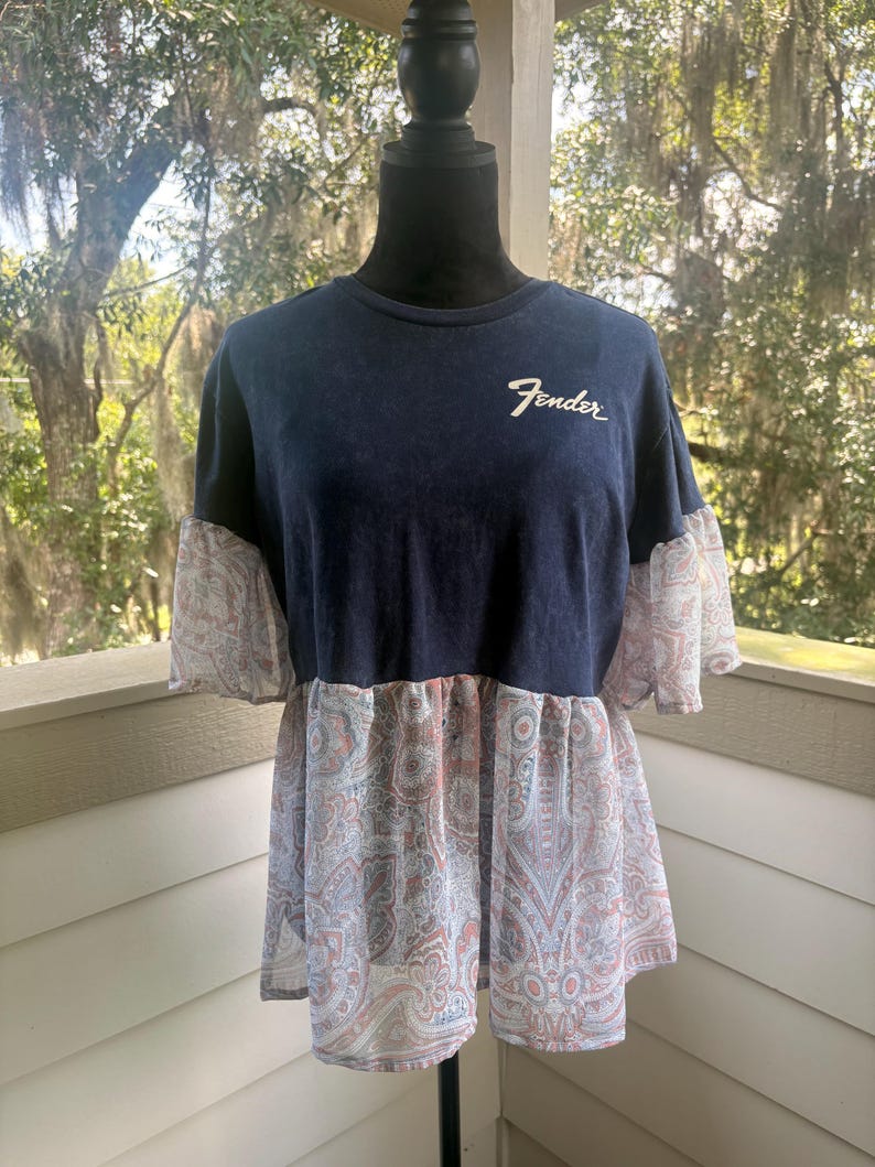Upcycled Fender Tshirt with Sheer Flowy Bottom and Sleeves, Medium. bild 1