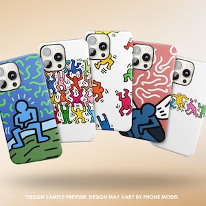 May include: Five smartphone cases featuring colourful Keith Haring-inspired graphic patterns. The designs include stylised human figures in blue, red, yellow, green, and pink, set against white, blue, and coral backgrounds with abstract line art elements.