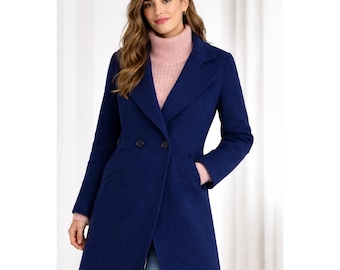 Abrigo largo azul de mujer La Vogue, talla grande (sin etiqueta), 38 de pecho, ajustado a la cadera.