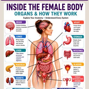 Puede incluir: Un póster educativo titulado Inside the Female Body Organs & How They Work, que presenta una ilustración anatómica central de un torso humano con órganos etiquetados, incluidos el cerebro, el corazón, los pulmones, el estómago, el hígado, los intestinos, el páncreas, los riñones y los órganos reproductores.