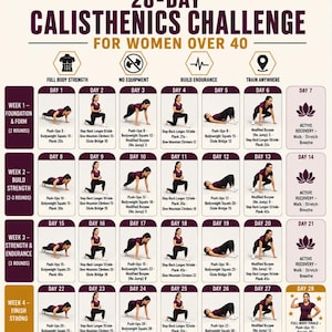 Può includere: Una tabella di sfida di calisthenics di 28 giorni per donne sopra i 40 anni, con una griglia di routine quotidiane, illustrazioni di esercizi a corpo libero, obiettivi settimanali e un tracker per i progressi.