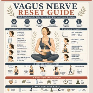 Peut inclure: Une infographie intitulée Vagus Nerve Reset Guide présentant des textes et illustrations sur les techniques quotidiennes, exercices de respiration, outils de régulation corporelle et habitudes pour gérer le stress et la fatigue.