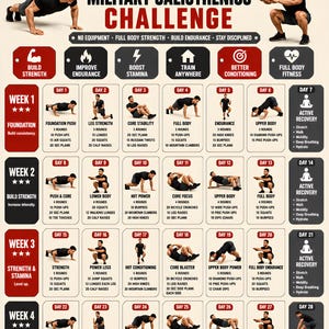 May include: A 30-day military calisthenics challenge workout chart featuring a grid of daily exercise routines, illustrations of bodyweight movements, and text labels for four weeks of training, including US letter, A4, and A5 format options.
