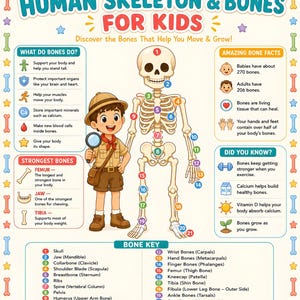 May include: Educational poster titled HUMAN SKELETON & BONES FOR KIDS featuring a cartoon explorer, a numbered skeleton diagram, and sections on bone functions, facts, and types. Includes a bone key and illustrations of bone groups.