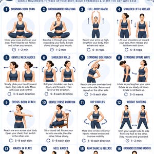 Peut inclure: Une affiche numérique intitulée 16 Morning Somatic Exercises for Relieving Stress. Elle présente seize illustrations numérotées d'une personne en tenue de sport bleu foncé effectuant des mouvements avec des instructions et des durées.