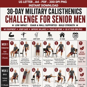 May include: A digital 30-day military calisthenics challenge chart for seniors. The document features black and dark red text on a white background, outlining daily exercises with illustrations of a person performing movements using a chair or wall.