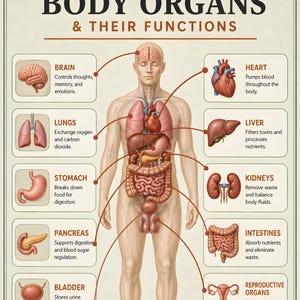 Può includere: Un poster educativo intitolato BODY ORGANS & THEIR FUNCTIONS che mostra una figura umana centrale con linee che indicano cervello, cuore, polmoni, fegato, stomaco, reni, pancreas, intestino, vescica e organi riproduttivi con le relative descrizioni.